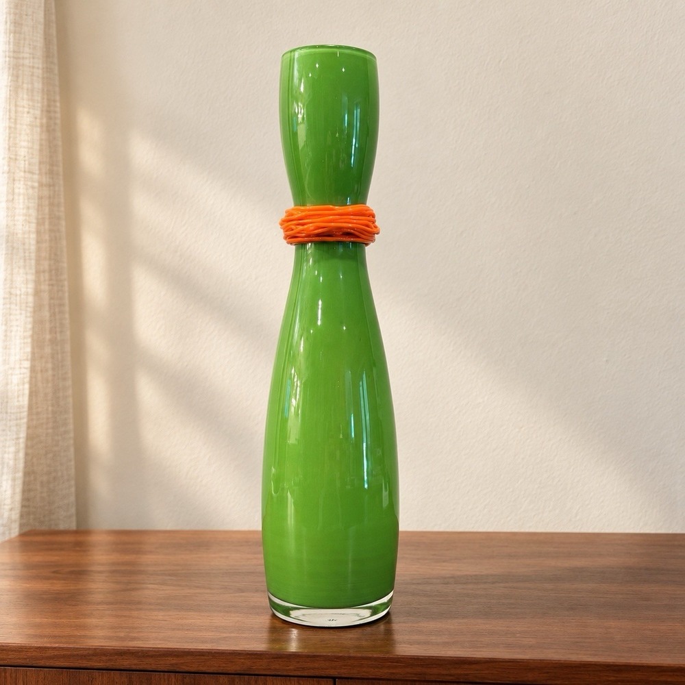 Rony Plesl Signed Czech Bohemian Art Glass Vase Green Orange Hand Blown 13"